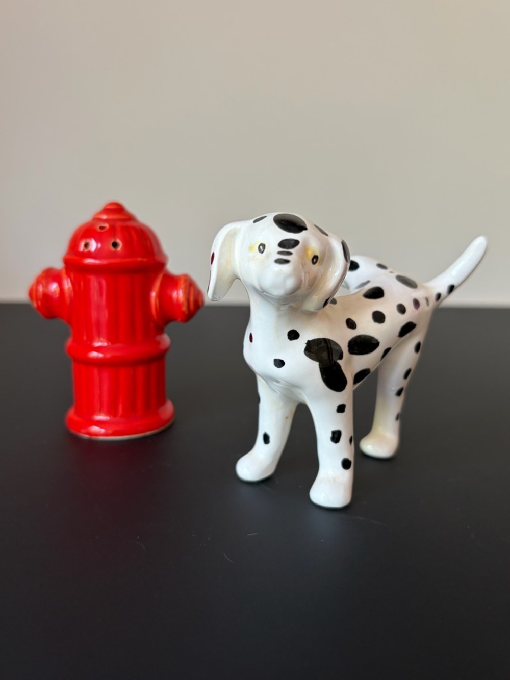 Vintage Salt & Pepper Shaker Ceramic Dalmatian Dog & Fire Hydrant Figurines